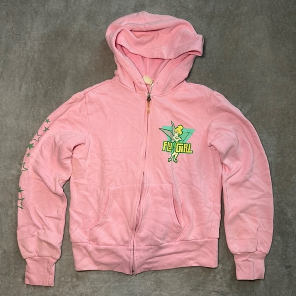 Disney Tinker Bell Full Zip Hoodie Women Size M Pink Fly Girl Graphic Fairy Y2K